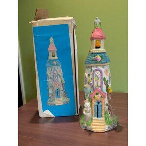Vintage Hand-Painted Ceramic Fairy Tale Easter Church Tower Lighted Village